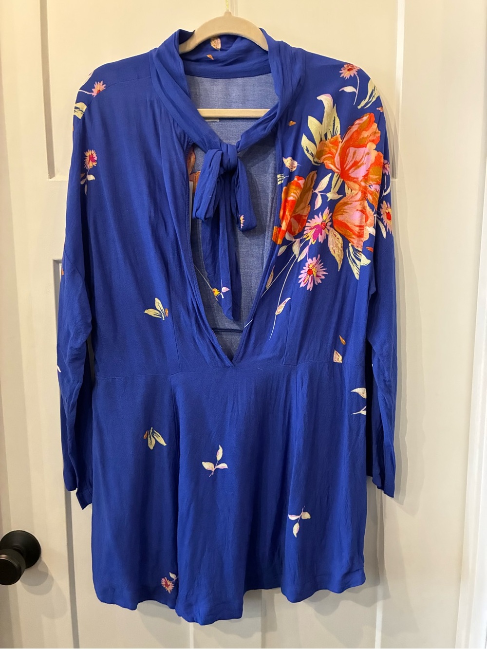 Free People Royal Blue Floral Tie-Neck Mini Dress